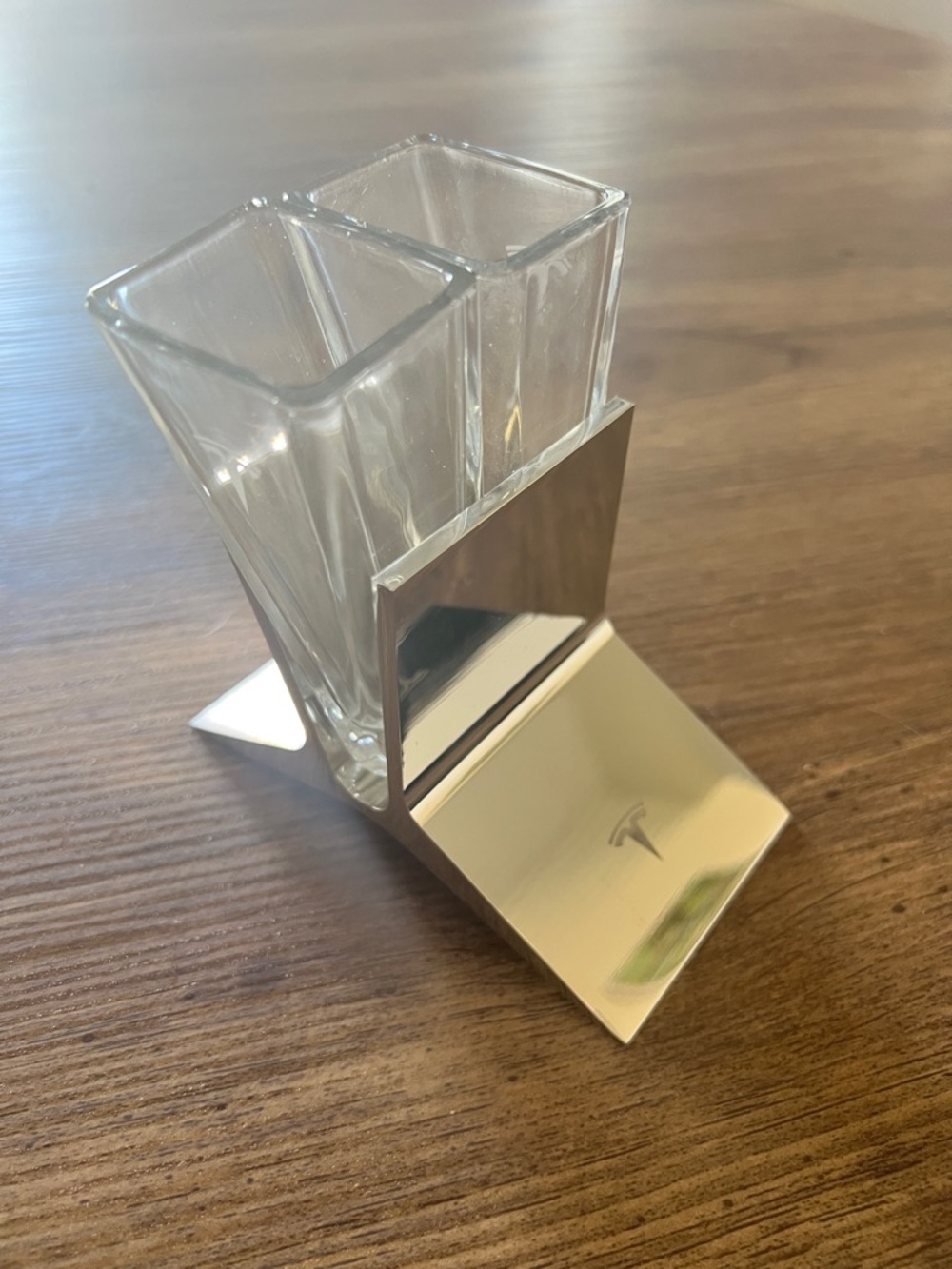 Tesla Clear Dual Glass Cup Holder with Polished Silver Stand